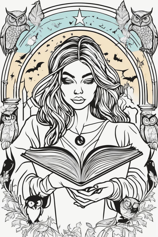 An image of a beautiful witch writing her sigil black and white continuos line art