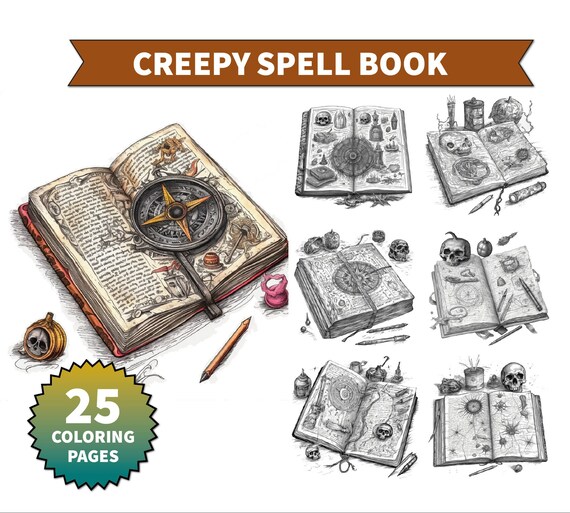 Creepy halloween spellbook coloring page for adults instant download grayscale coloring page adults kids witches coloring book