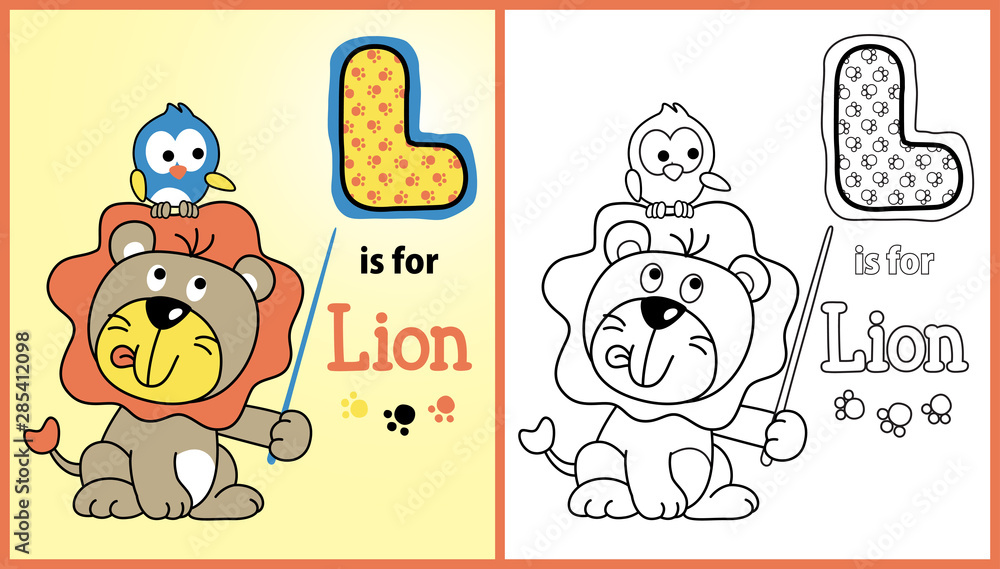 Learn to spell lions name vector cartoon illustration coloring page or book vector