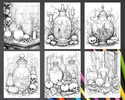 Mystical magic potions grayscale coloring pages printable for adult â coloring