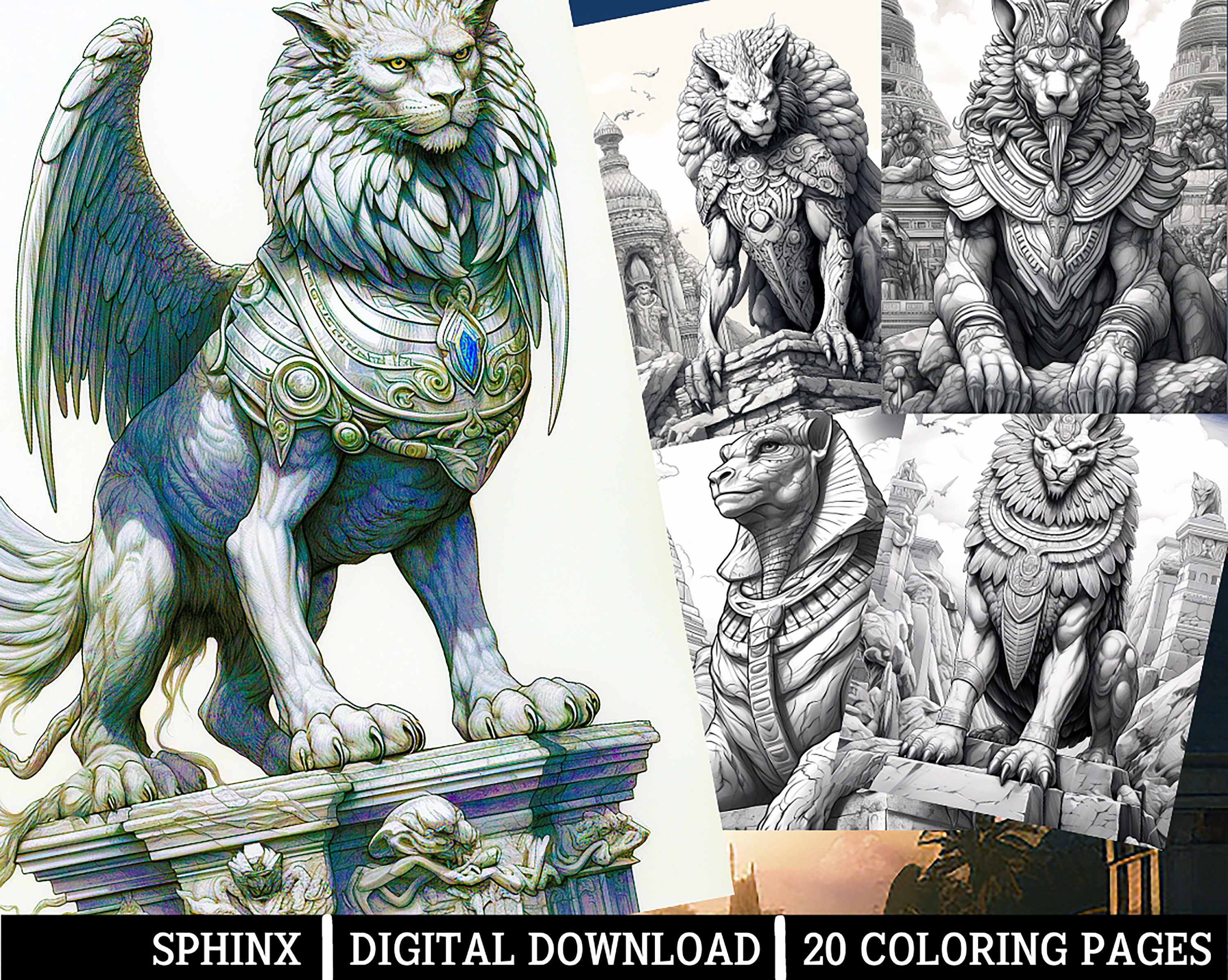 Sphinx coloring pages for adults instant download grayscale coloring pageprintable pngjpeg fantasy themed egypt mythological art