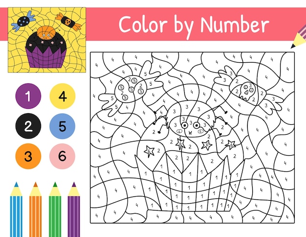 Premium vector halloween color by number game with a cute spider on cupcake trick or treat coloring page for kids