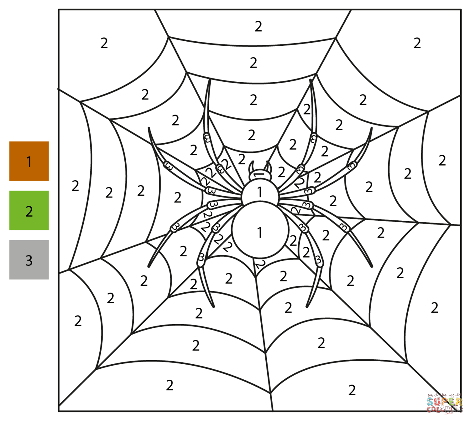 Spider color by number free printable coloring pages