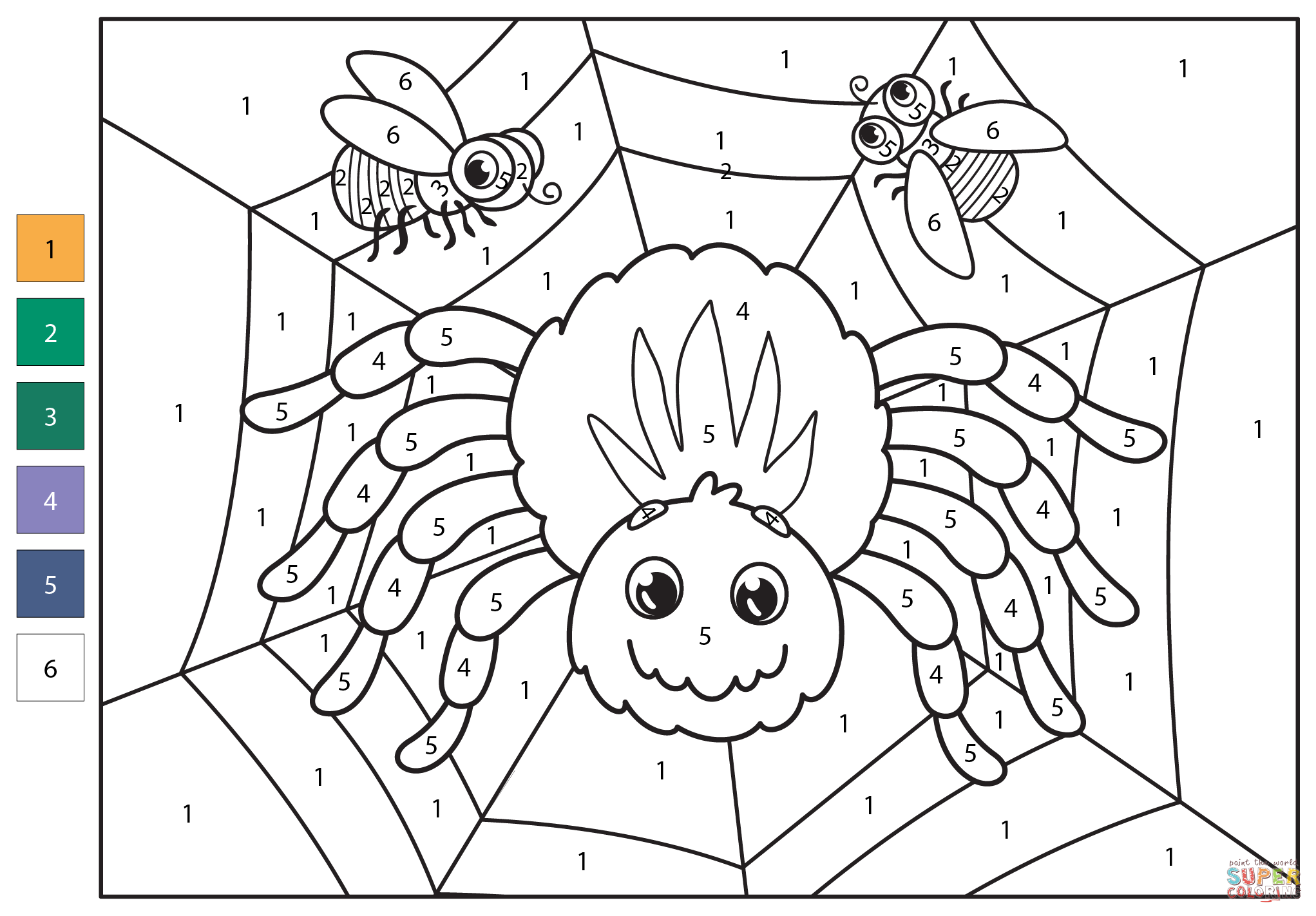 Spider color by number free printable coloring pages