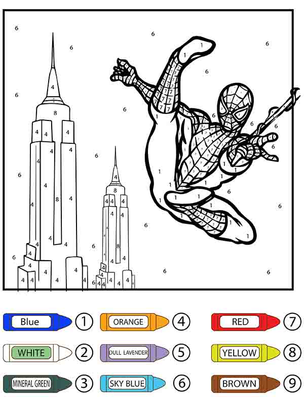 Spiderman color by number coloring pages