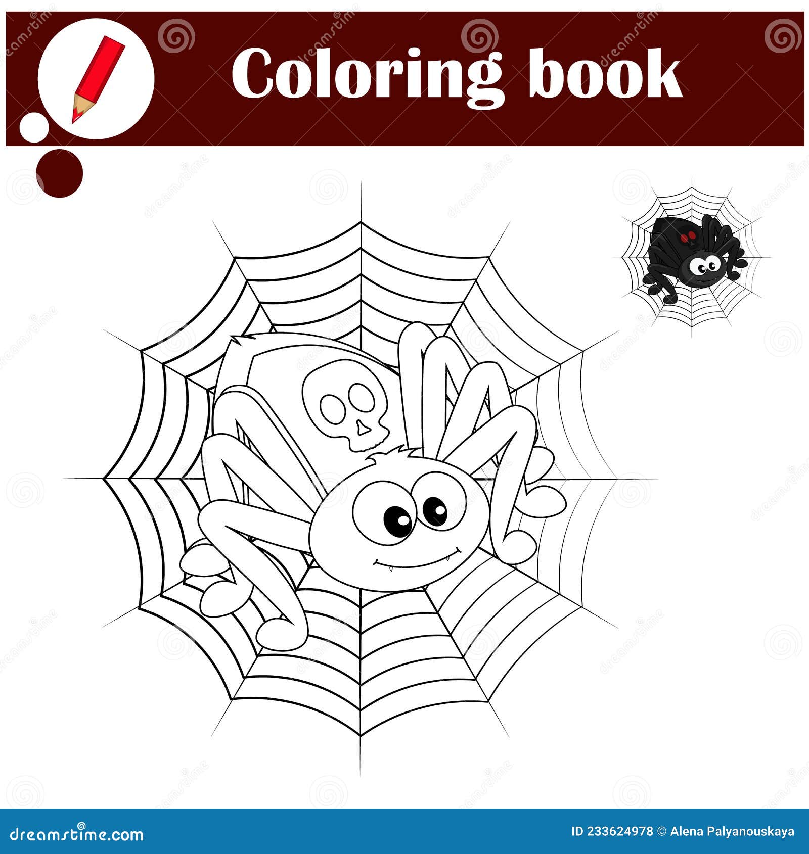 Coloring pages cute spider on the web stock vector