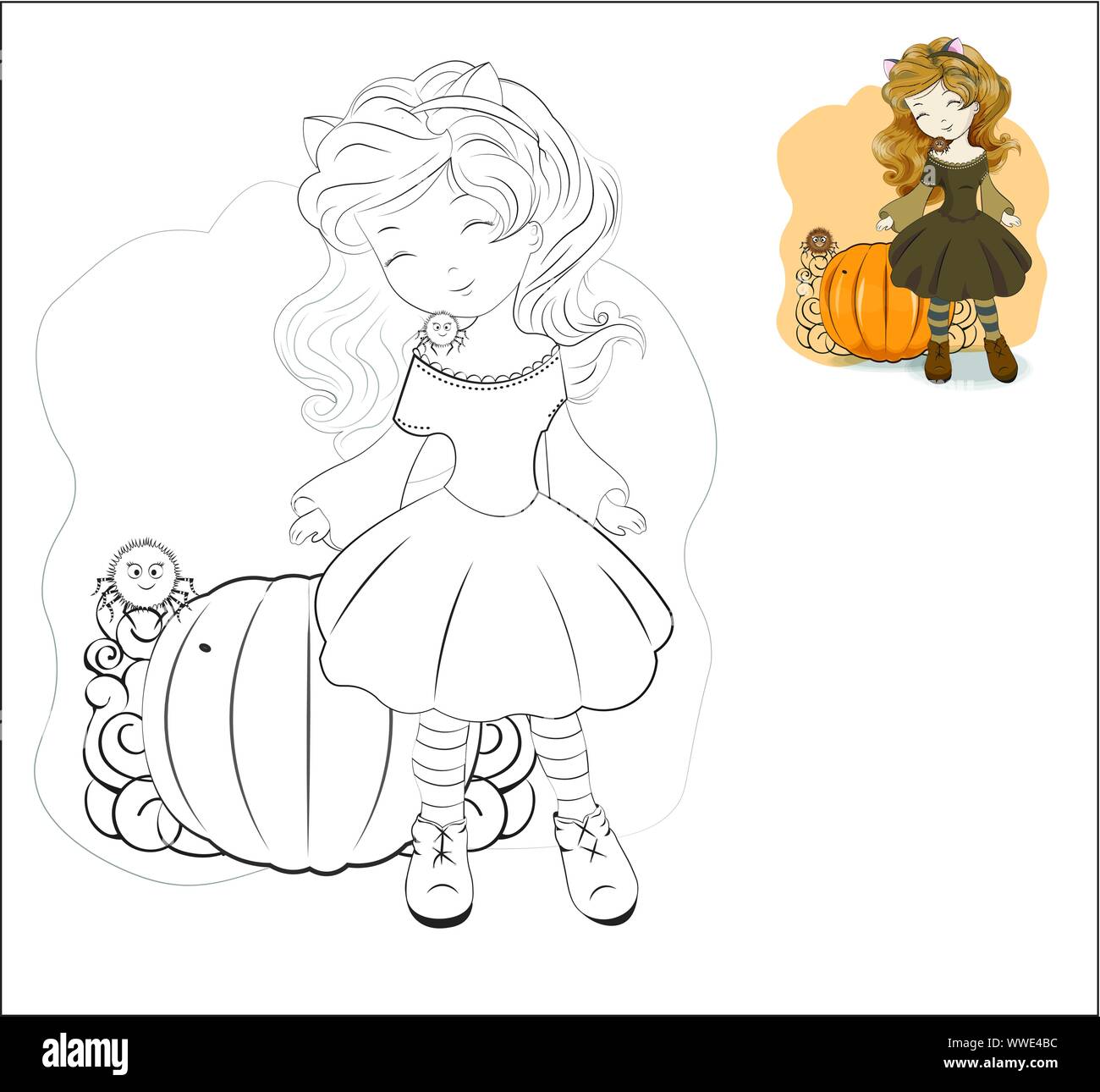 Coloring book halloween little girl a cat with cats ears and spider on a shoulder against the pumpkin background the picture in hand drawing styl stock vector image art