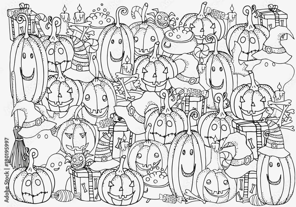 Pattern for coloring book set of halloween symbols pumpkin broom bat spider webs hand