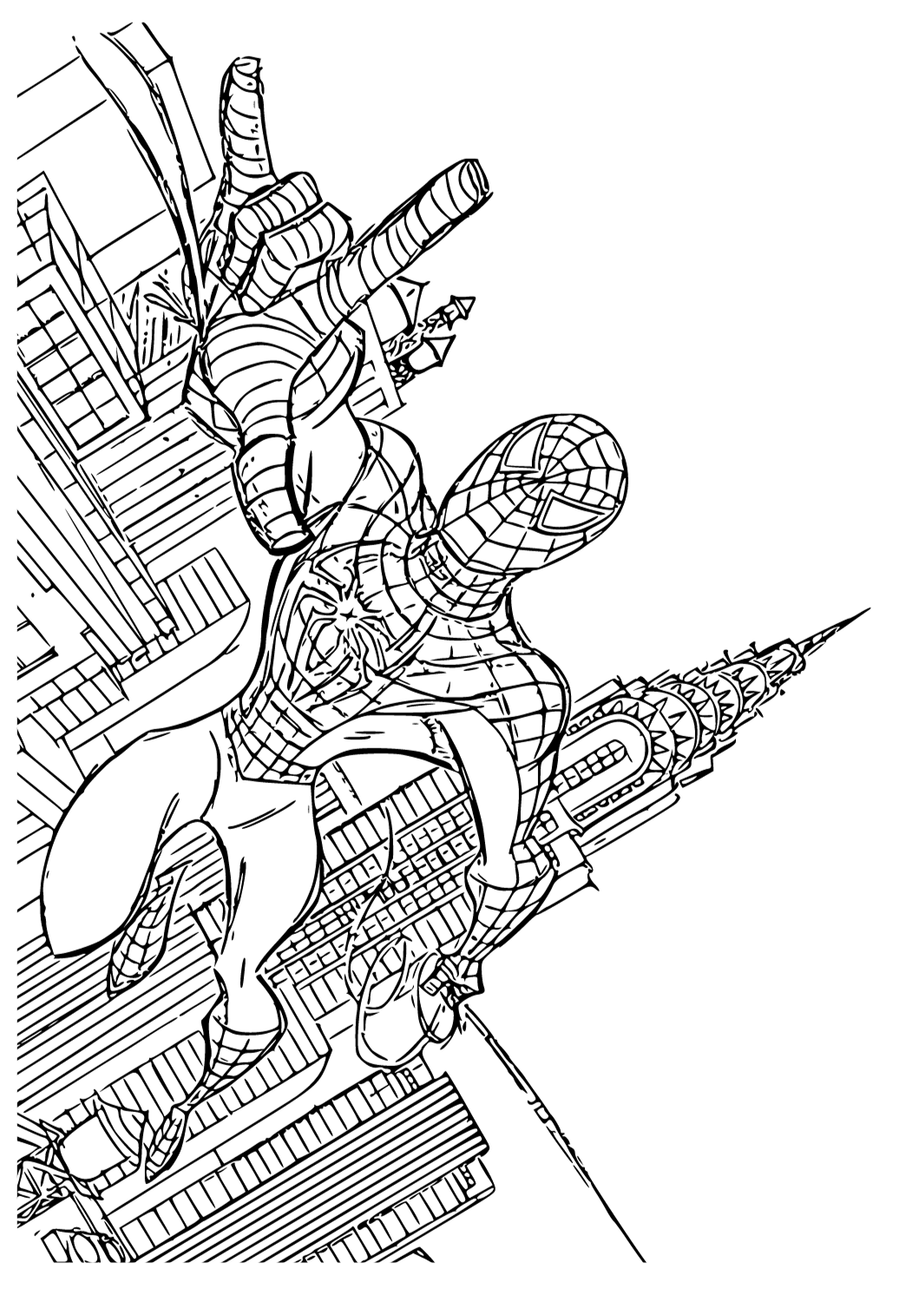 Free printable spiderman skyscraper coloring page for adults and kids