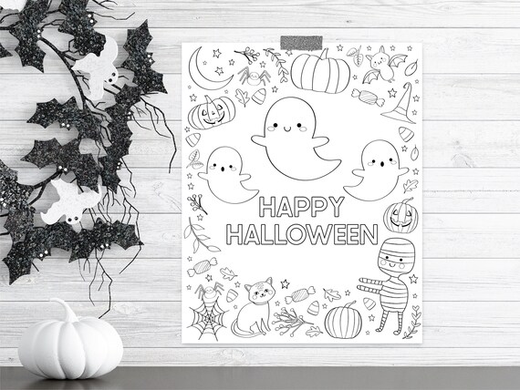 Spooky cute halloween coloring page halloween party activity ghost pumpkin spider candy happy halloween printable coloring page download download now