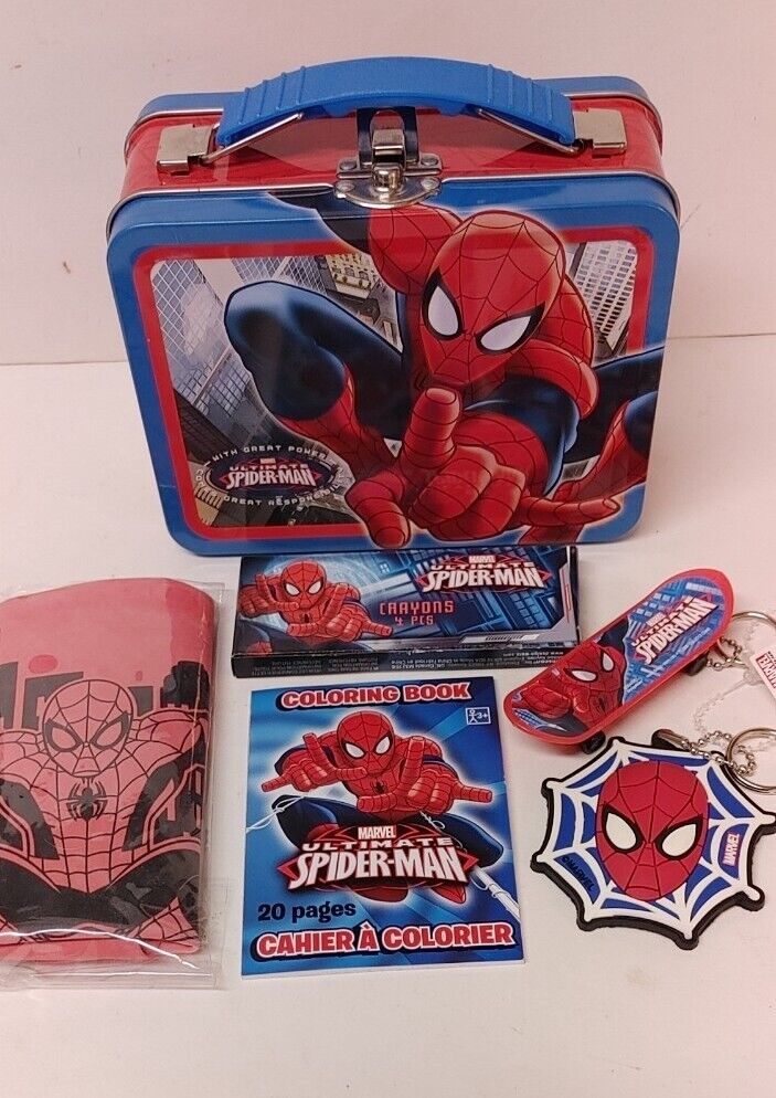 Spiderman mini lunchbox gift set keychains coloring book crayons tin box