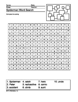 Spiderman word search printable by lesson machine tpt