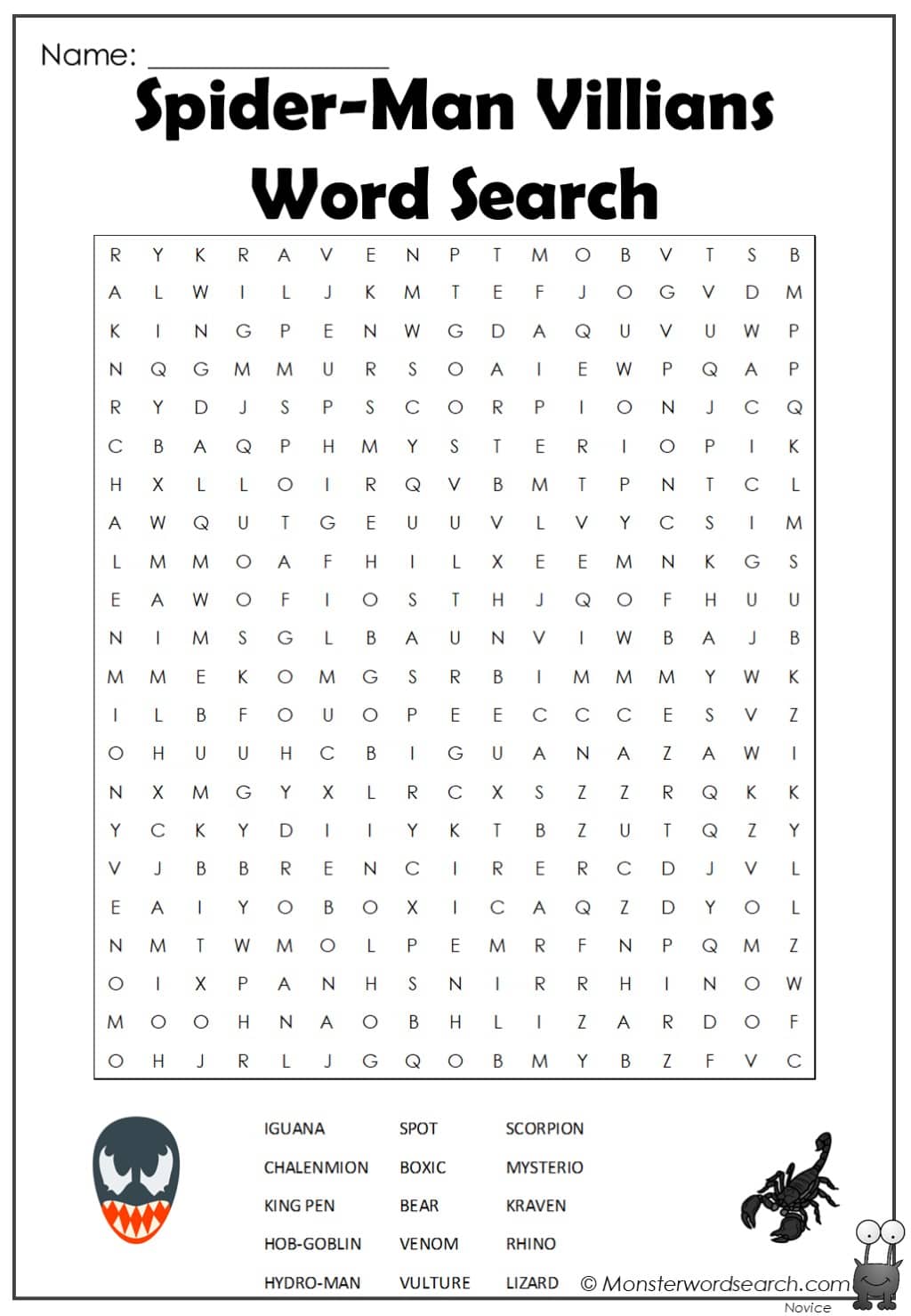 Spider man villians word search