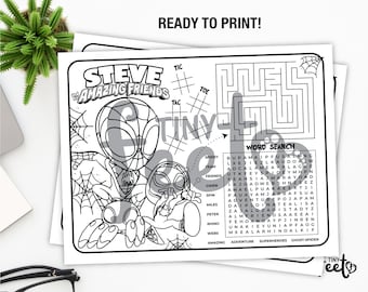 Spidey and his amazing friends activity placemat custom name spiderman birthday game birthday party coloring page spidey party favors