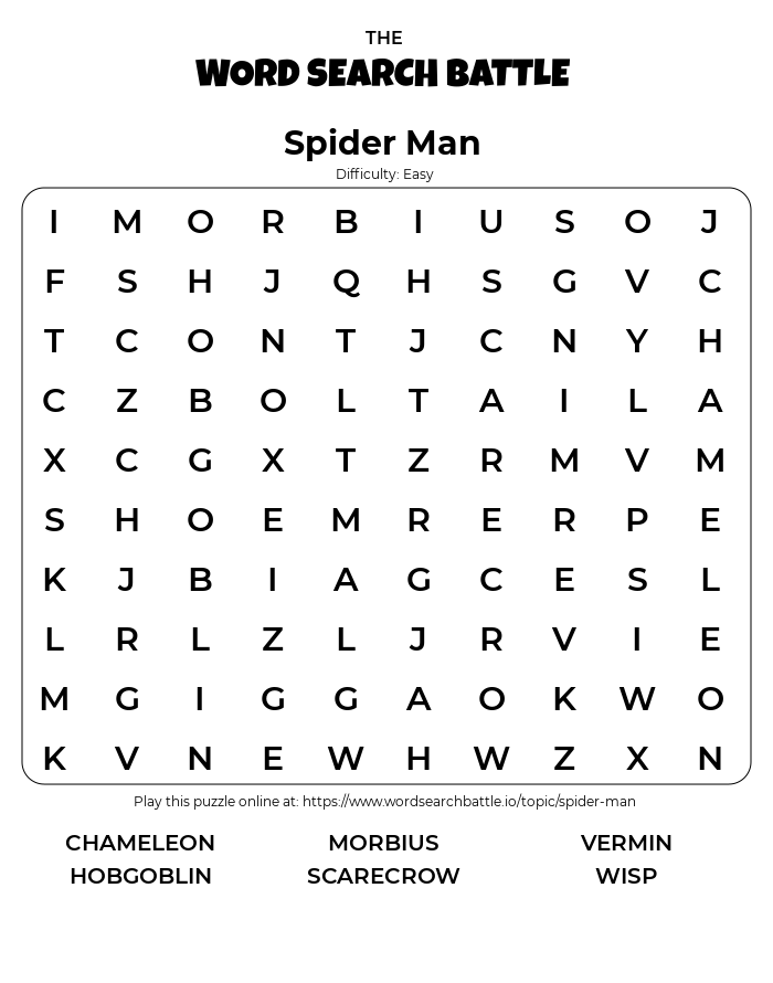 Printable spider man word search