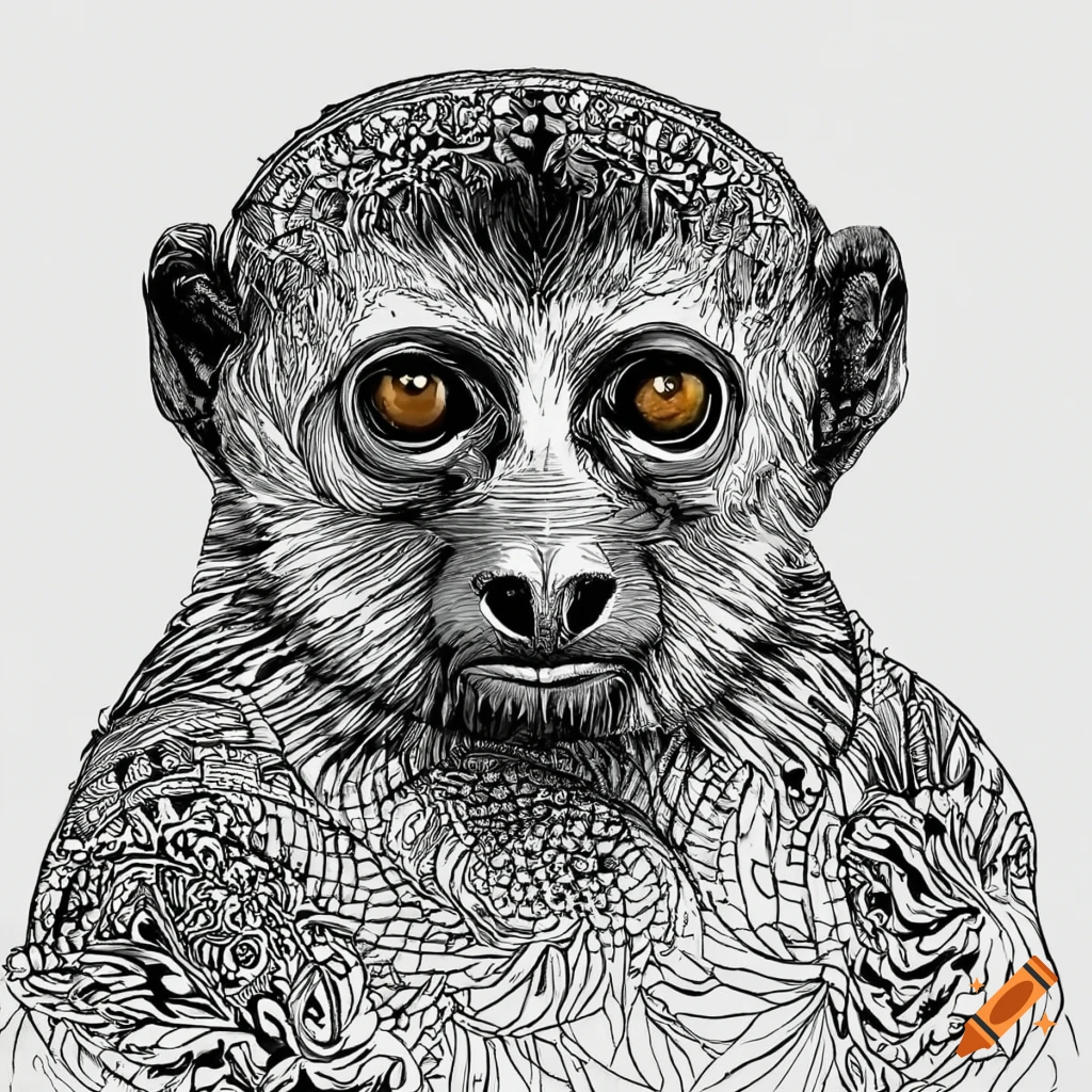 Coloring page for adults mandala monkey image greater bamboo lemur white background clean line art fine line art