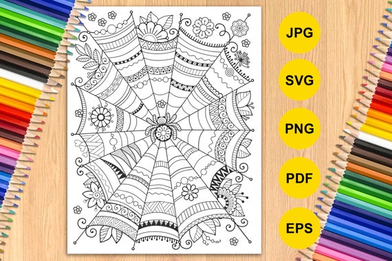 Spider web coloring page for adult printable zentangle coloring for halloween png svg jpeg