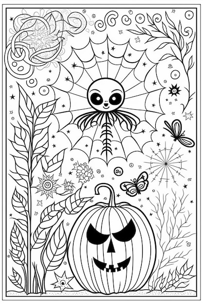 Premium ai image a coloring page with a pumpkin and spider on it generative ai