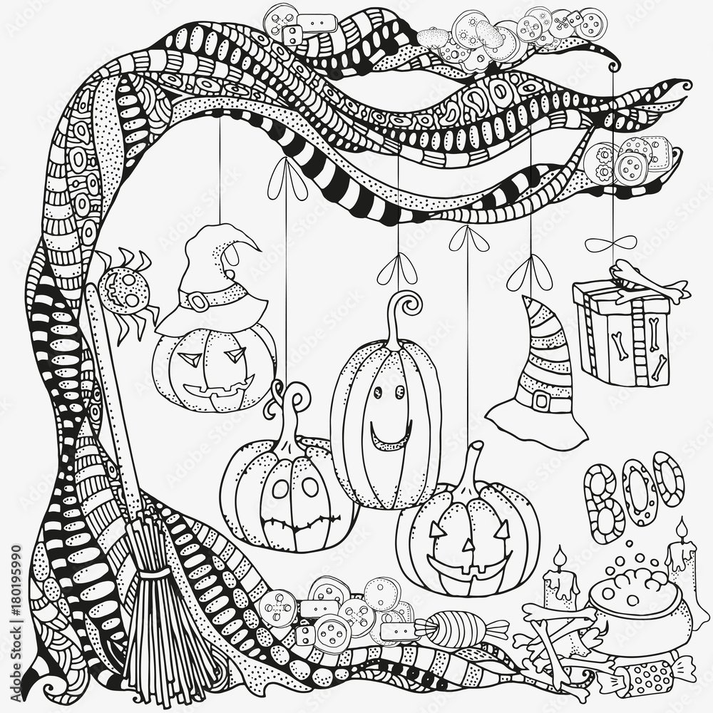 Halloween pattern for coloring book set of halloween symbols pumpkin broom bat spider webs hand