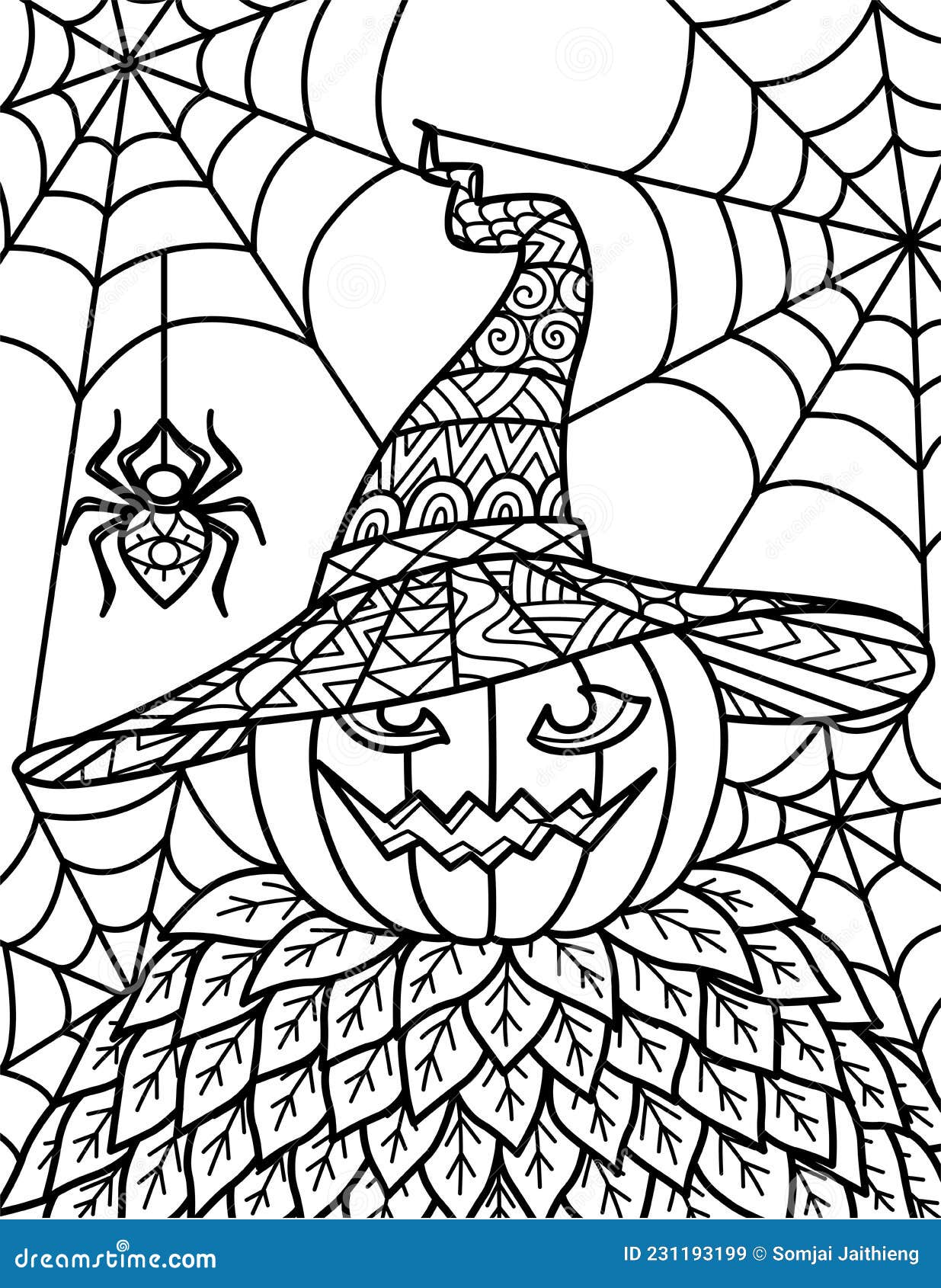 Halloween pumpkin scarecrow with mandala hat and spider web for printing engraving or coloring book stock vector