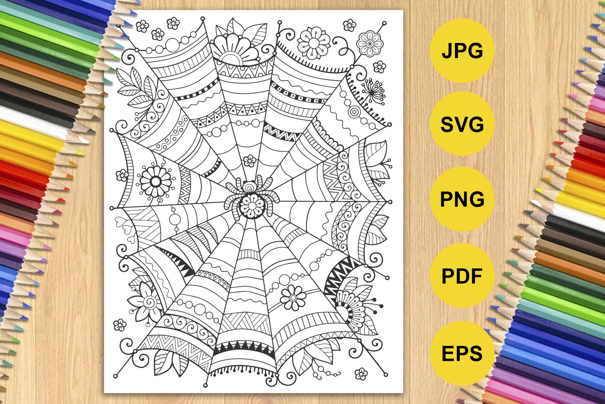 Spider web coloring page for adult printable zentangle coloring for halloween png svg jpeg