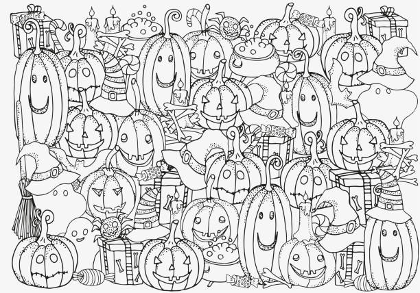 Pattern for coloring book set of halloween symbols pumpkin broom bat spider webs handdrawn decorative elements in vector black and white pattern stock illustration