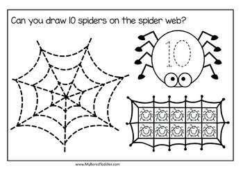 Halloween spider coloring tracing sheets counting to ten toddlers math center