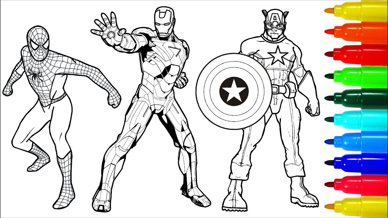 Spiderman wolverine iron man coloring book colouring pages for kids with colored markers