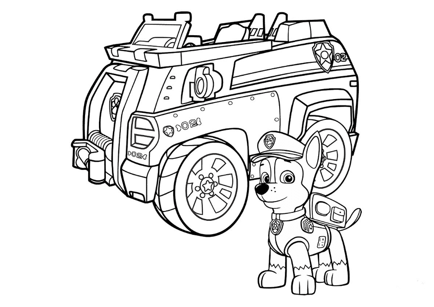 Chase from paw patrol and his car coloring page