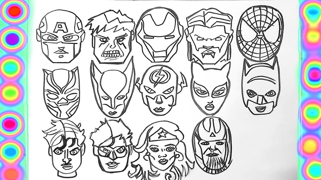 All superheroes mask super faces coloring pages hulk spiderman thor spiderman aquaman flash