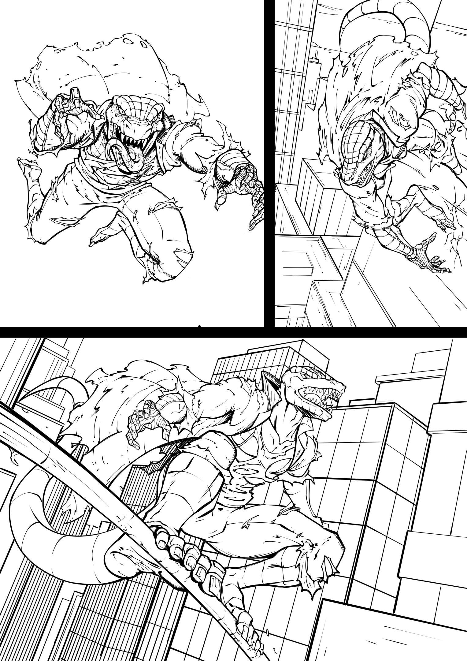 Lineart of new page from my little webics about the lizardmarvel showing his agility in stone jungles of new york rspiderman