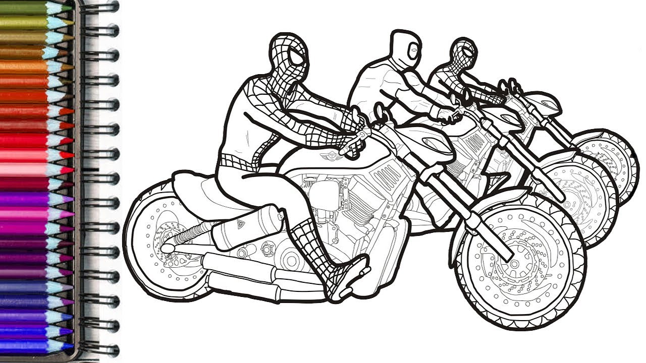 Spider verse and spiderman bikers on motorcycles coloring pages spider man colouring