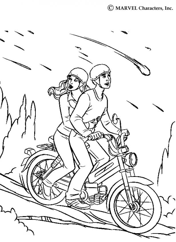 Spiderman escaping on his motor bike coloring pages