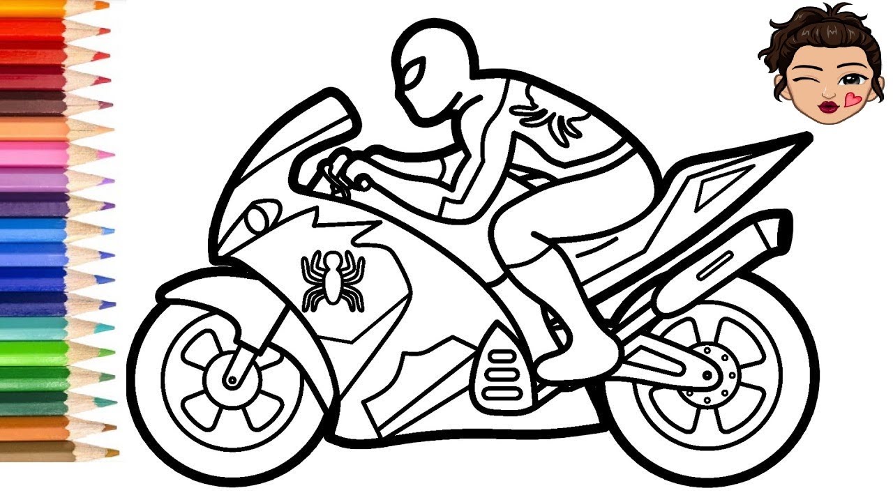 Glitter spiderman riding a motorcycle coloring pages for kids