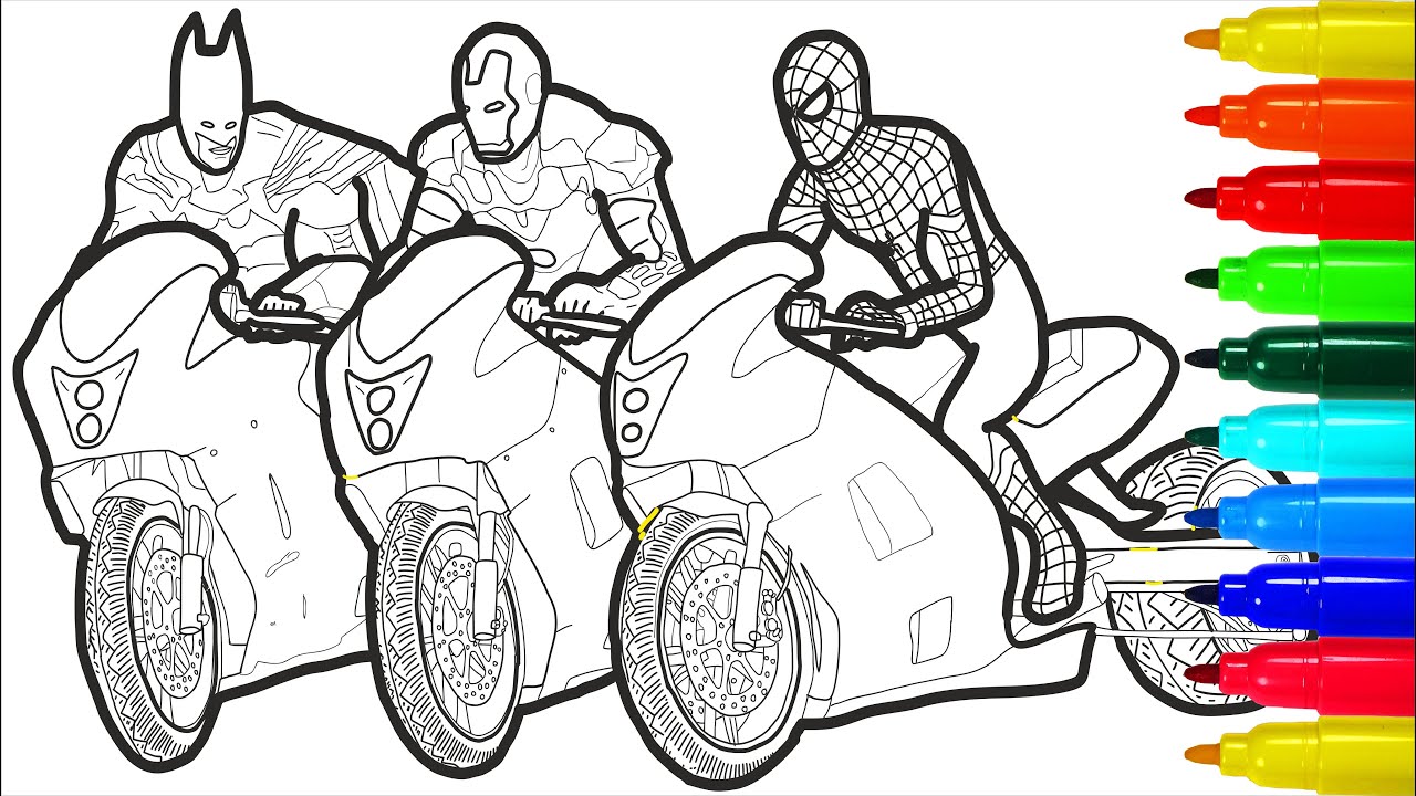 Iron an spideran batan on otorcycles coloring pages