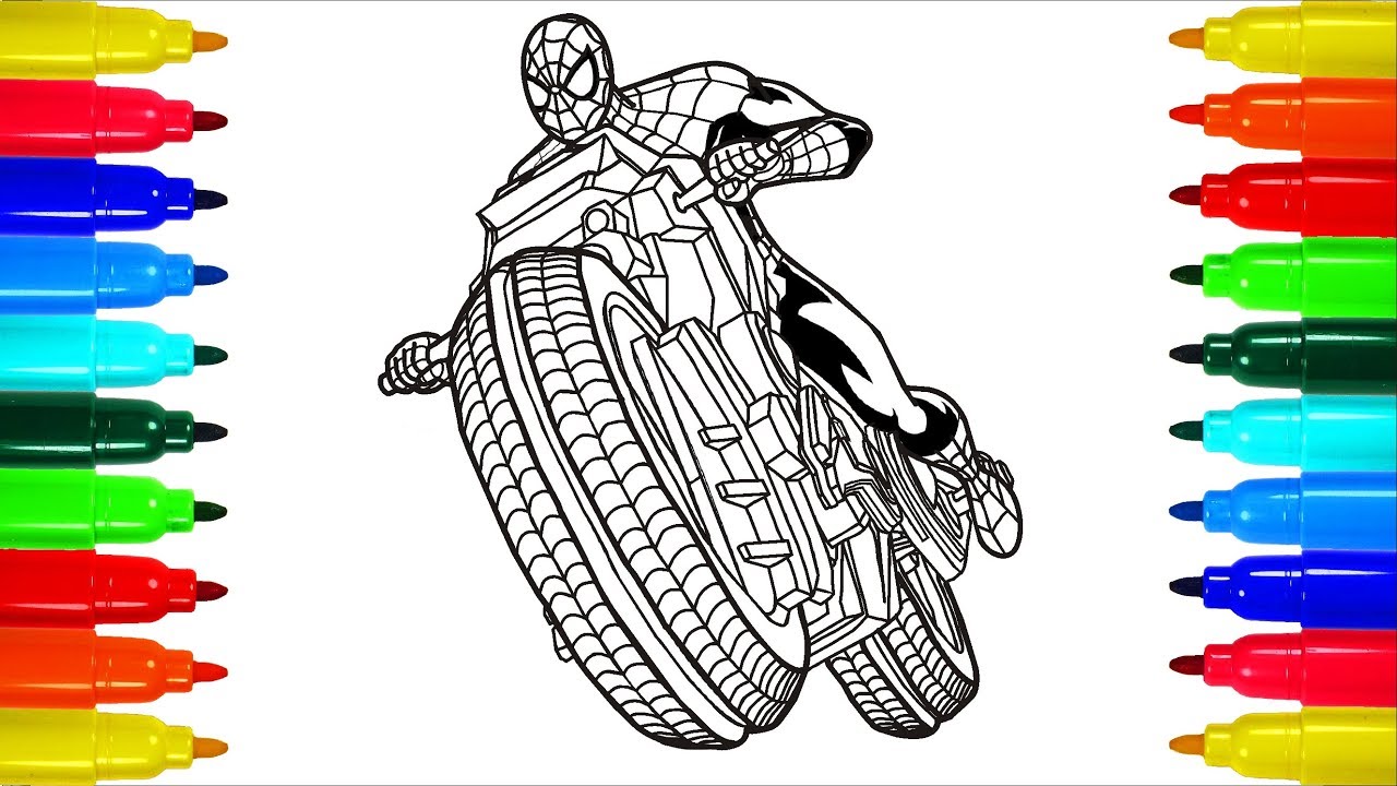 Spiderman on a motorcycle coloring pages colouring pages for kids with colored markers