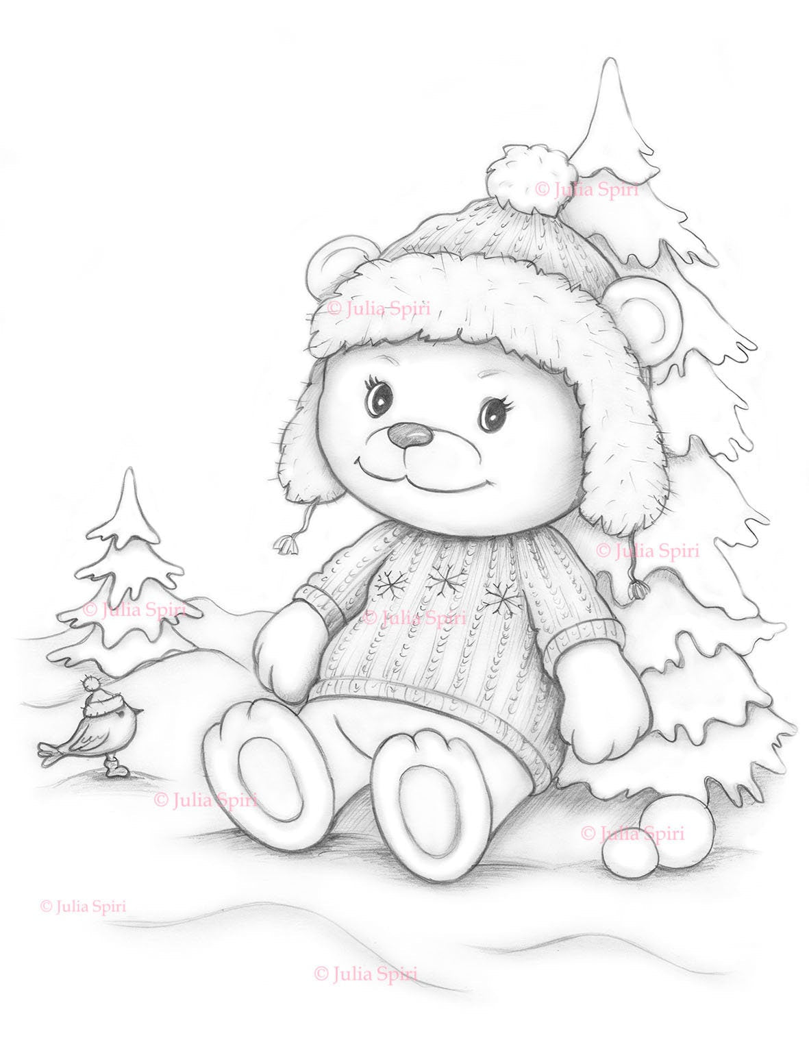 Coloring page cute bear in snow winter teddy wally â the art of julia spiri