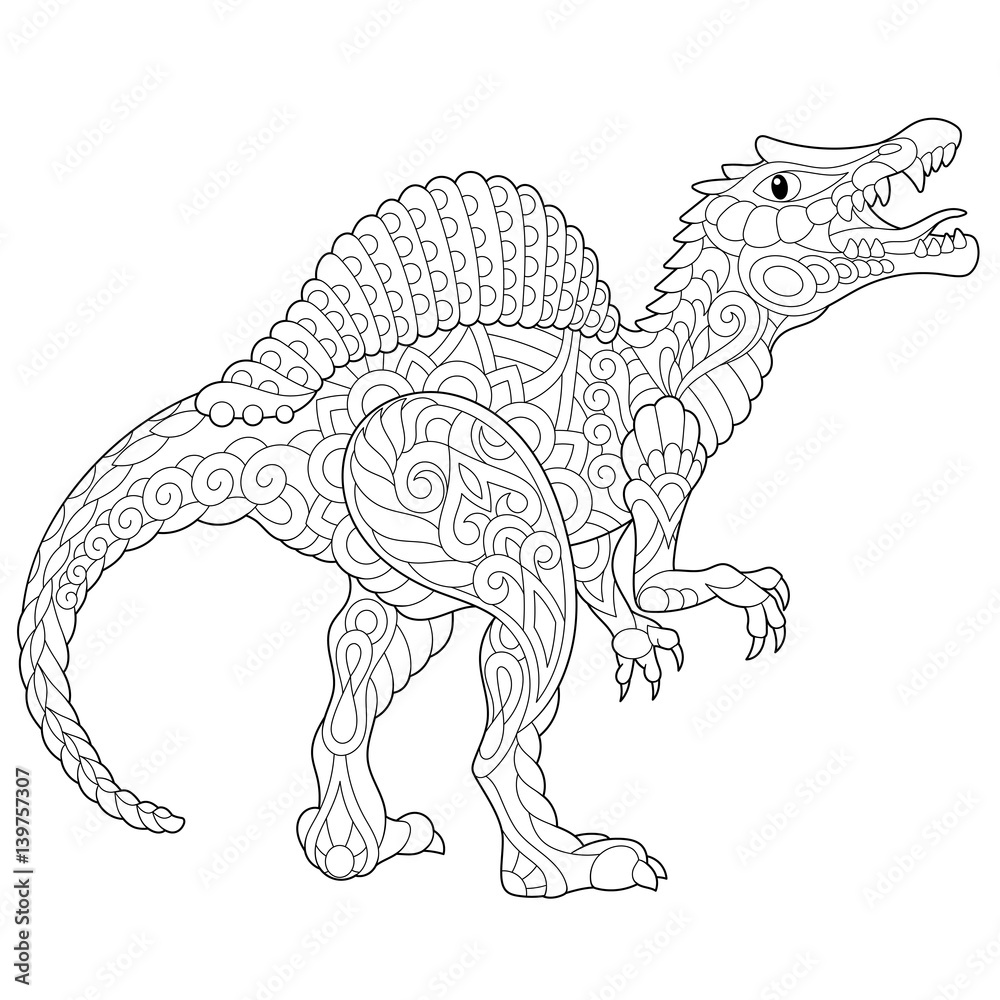 Stylized spinosaurus dinosaur of the middle cretaceous period isolated on white background freehand sketch for adult anti stress coloring book page with doodle and zentangle elements vector