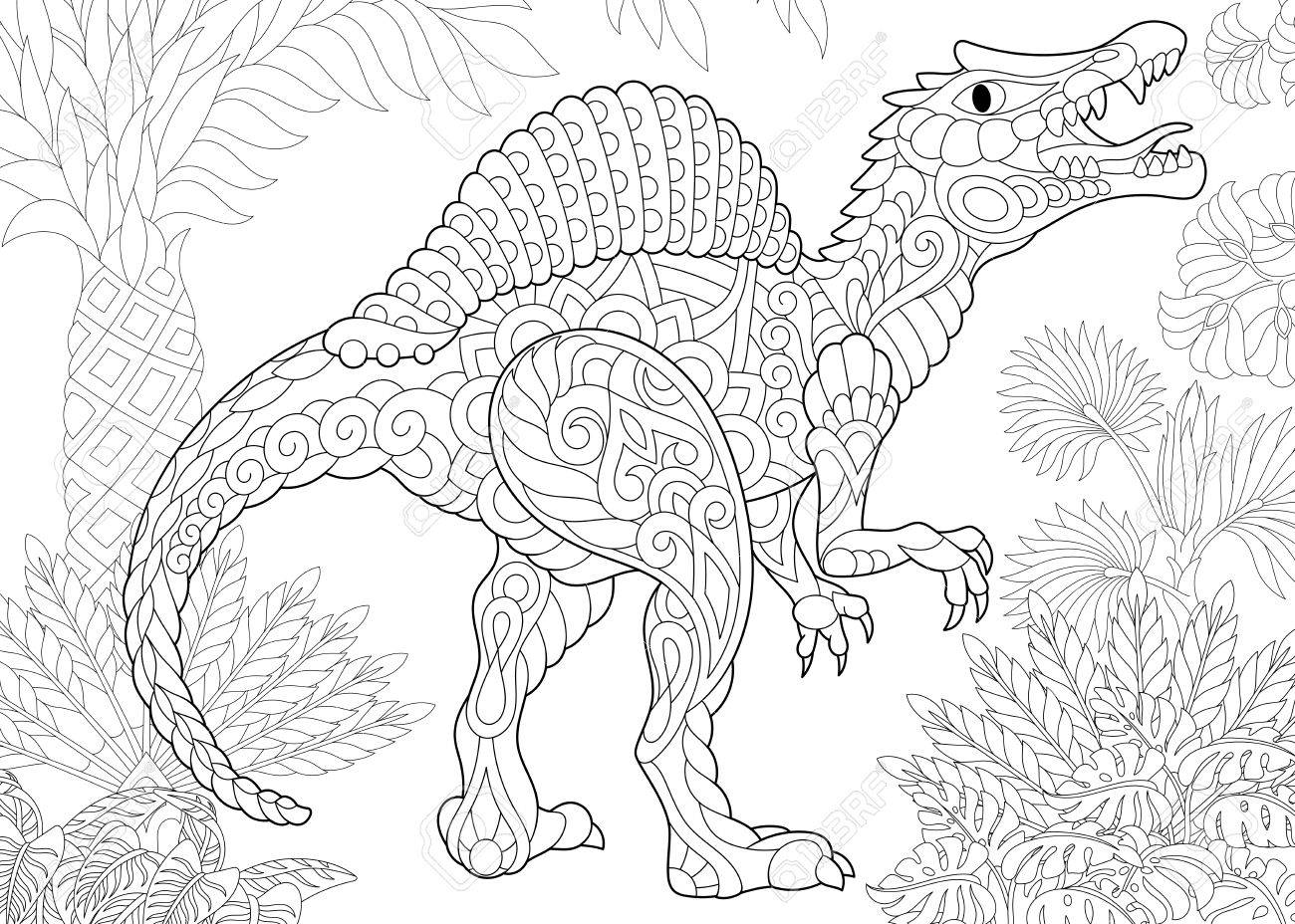 Stylized spinosaurus dinosaur of the middle cretaceous period freehand sketch for adult anti stress coloring book page with doodle and zentangle elements royalty free svg cliparts vectors and stock illustration image