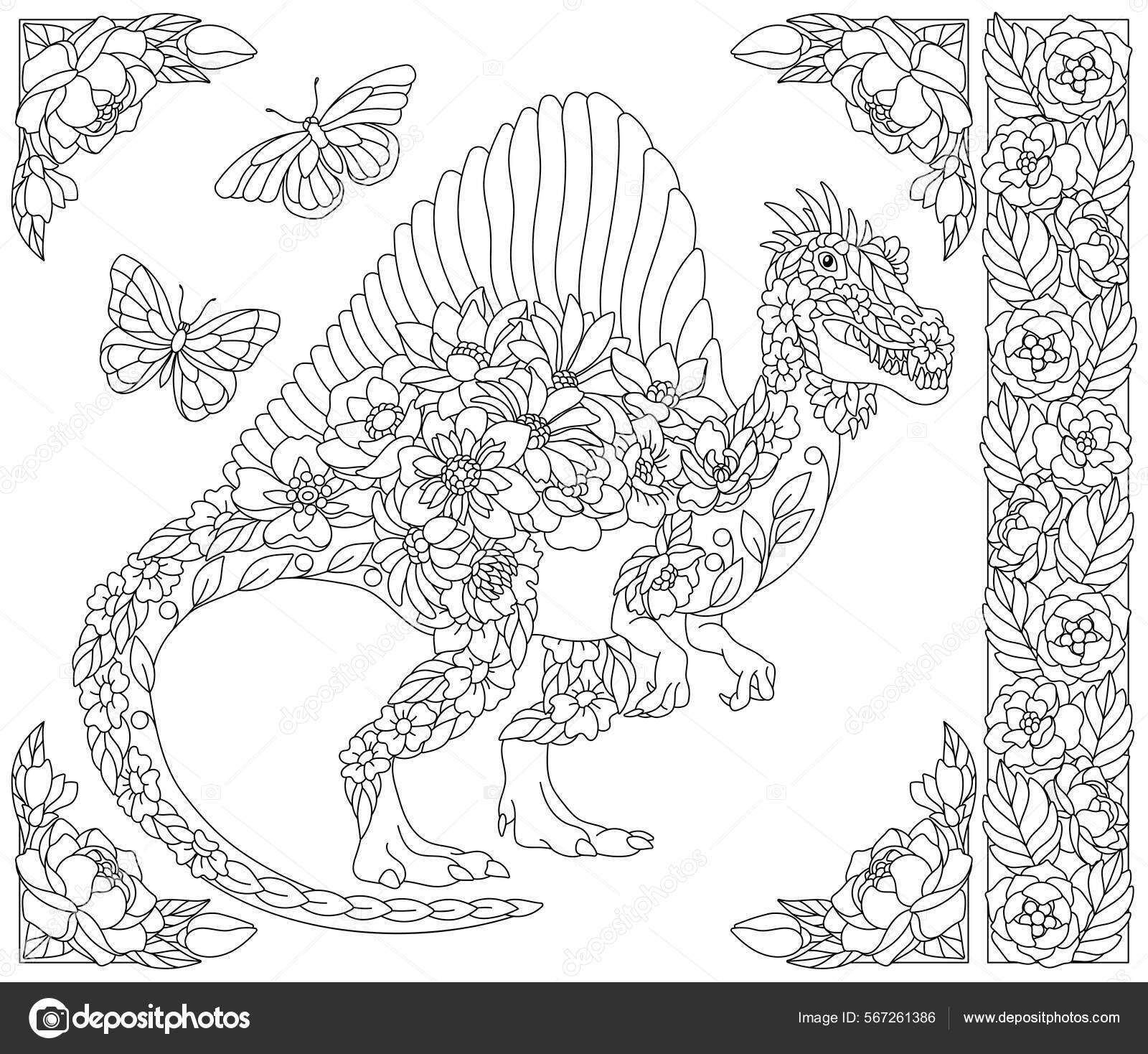 Adult coloring book page floral spinosaurus dinosaur ethereal animal consisting stock vector by sybirko