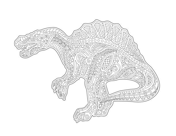 Line art for adult coloring book with spinosaurus stock illustration