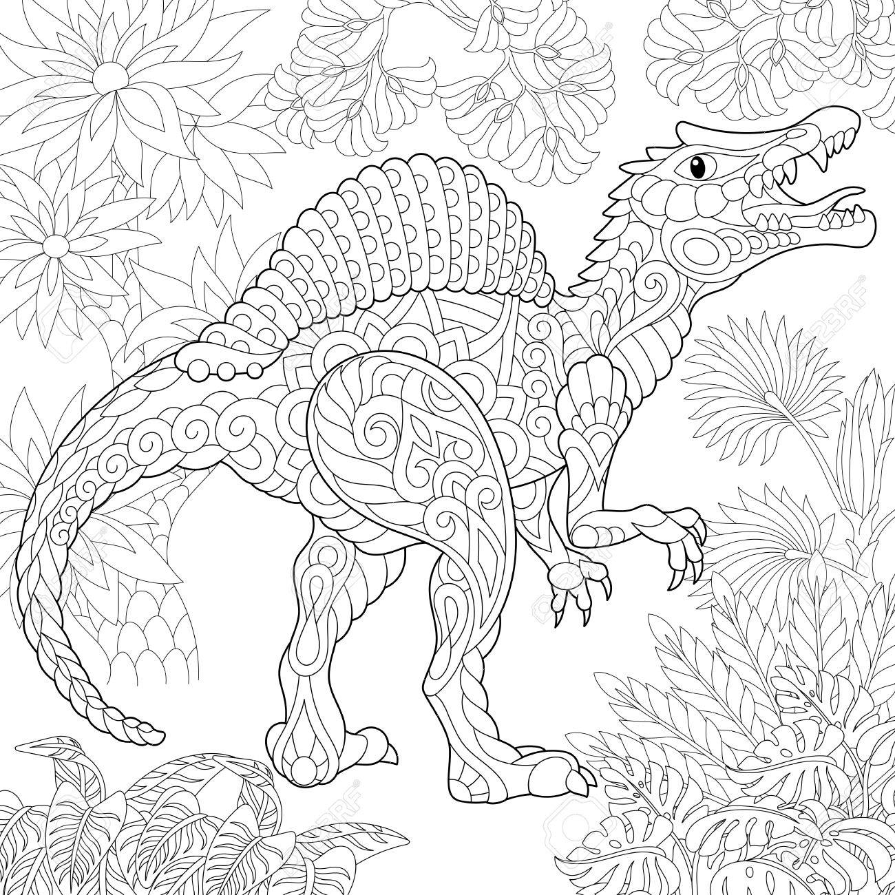 Stylized spinosaurus dinosaur of the middle cretaceous period freehand sketch for adult anti stress coloring book page with doodle and zentangle elements royalty free svg cliparts vectors and stock illustration image