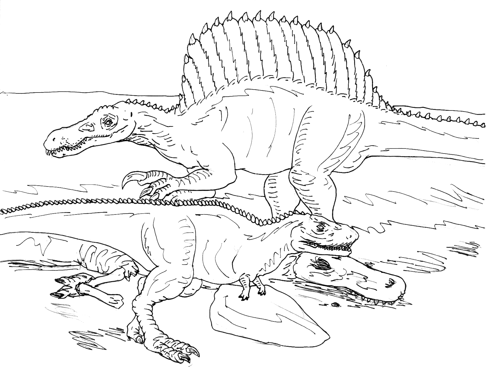 Spinosaurus vs rugops bw by avancna on