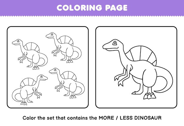 Premium vector education game for children coloring page more or less picture of cute cartoon prehistoric dinosaur spinosaurus line art set printable worksheet