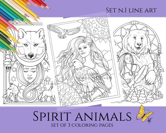 Set of line art coloring pages wolf bear eagle pdf