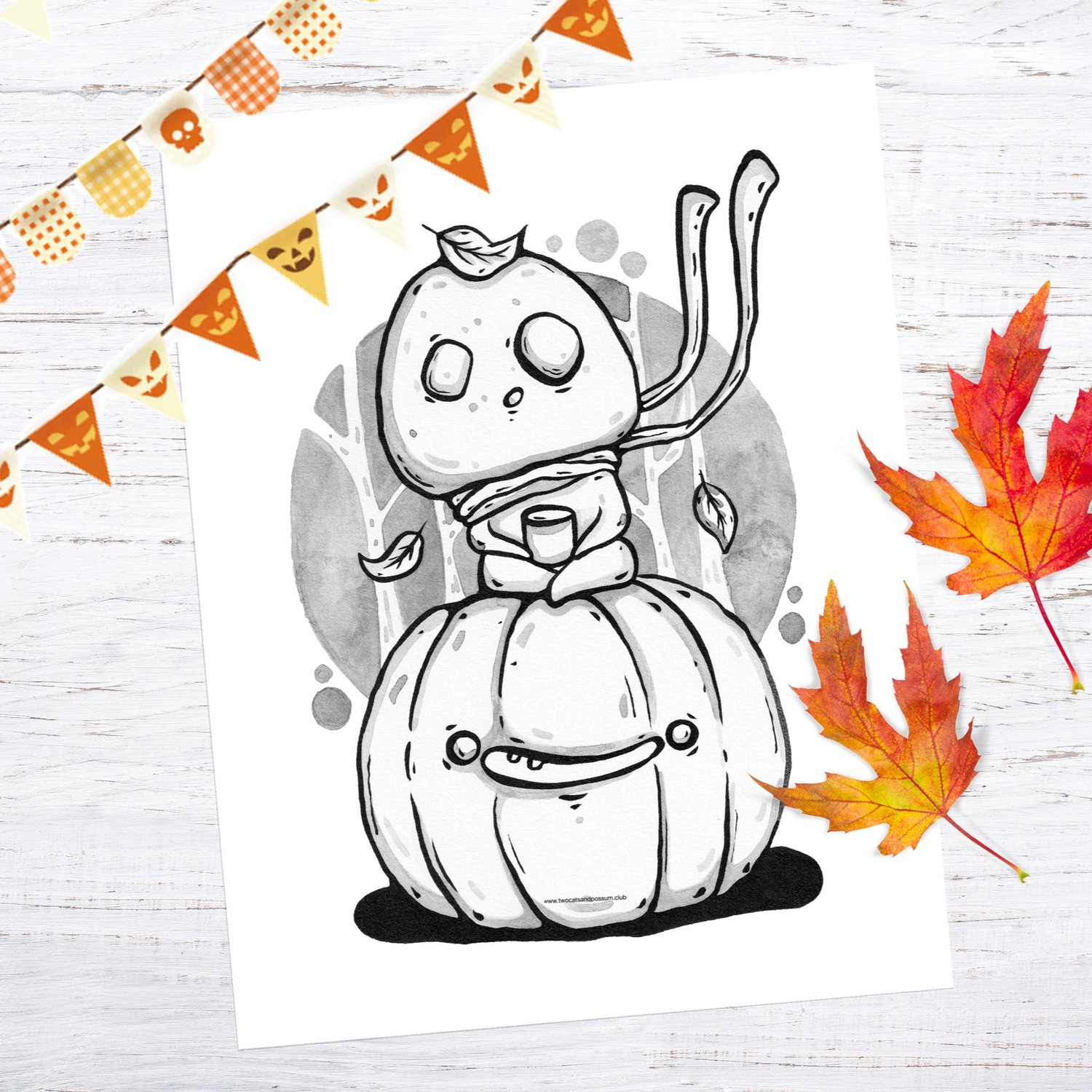 Printable cute kodama sitting on pumpkin halloween coloring page