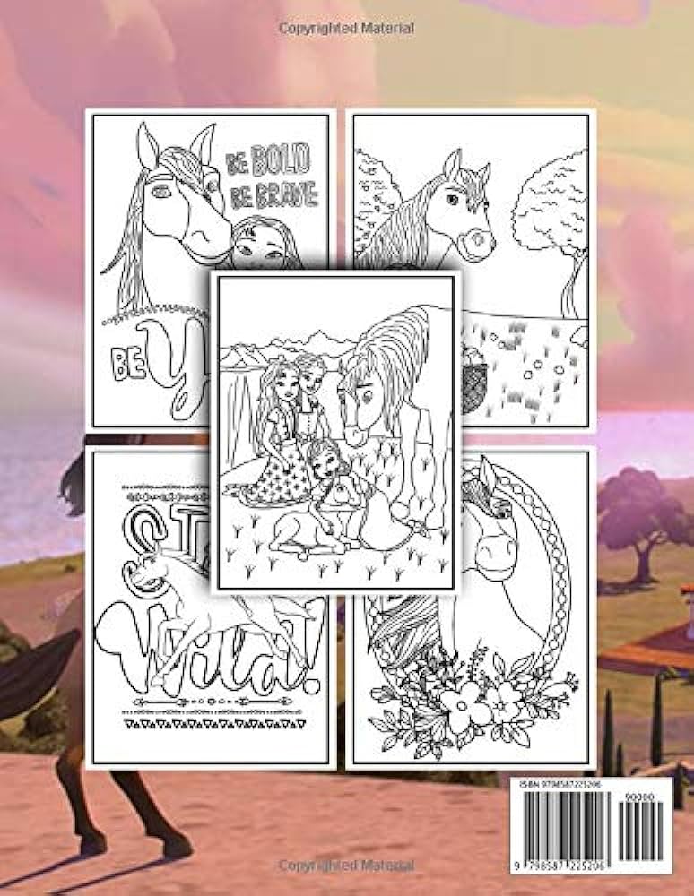 The spirit riding free coloring book over premium drawing pages featuring stunning illustrations about characters and iconic scenes for kids girls ages