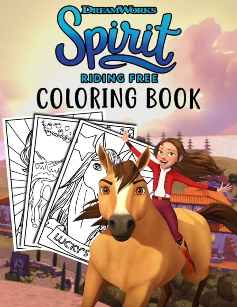 The spirit riding free coloring book over premium drawing pages featuring stunning illustrations about characters and iconic scenes for kids girls ages