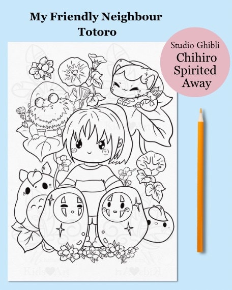 Studio ghibli coloring page totoro relaxing activity digital download app line art kids adult floral anime spirited away