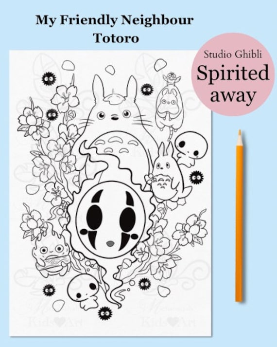 Studio ghibli coloring page totoro relaxing activity digital download art apps kids adult floral anime spirited away png download now